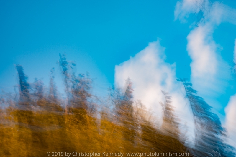 Blurred fir trees on a brown hillside against a bright blue sky and some clouds