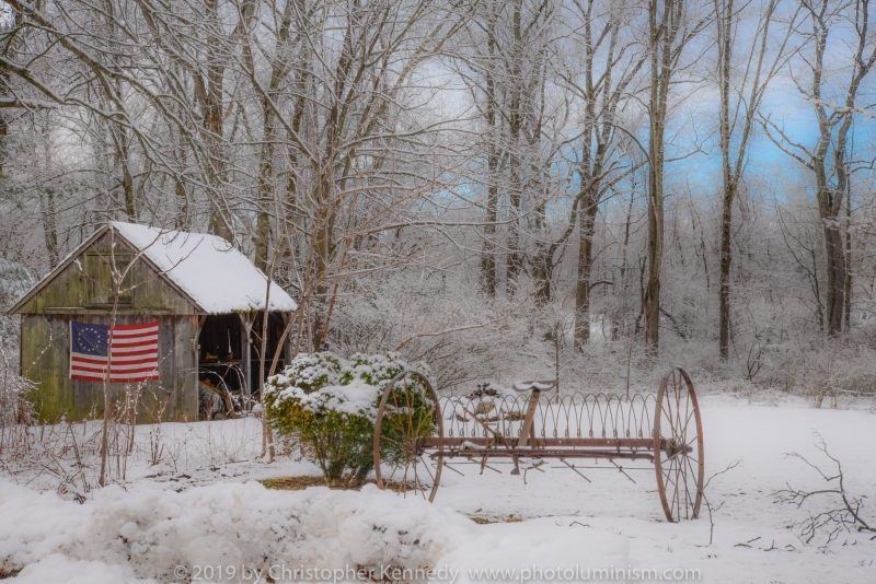 Patriotic Barn in Snow