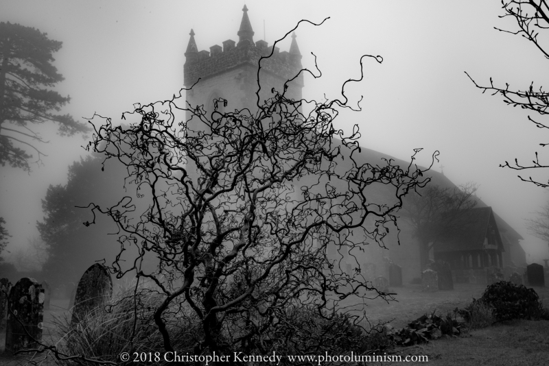 All Saints Church thru twisted bush and fog Headley Hampshire UK-DSC_1360160312